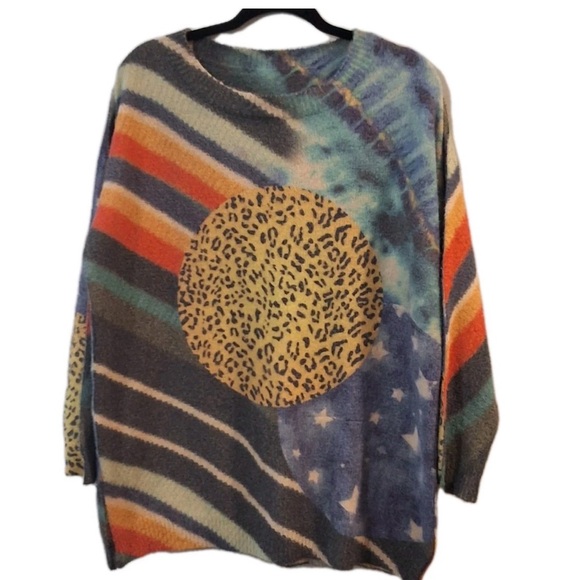 Yesno Women Large Oversize Sweater Leopard Solar System Artsy Novelty xl - Picture 6 of 7